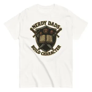 T-shirt with nerdy dads design and dice.