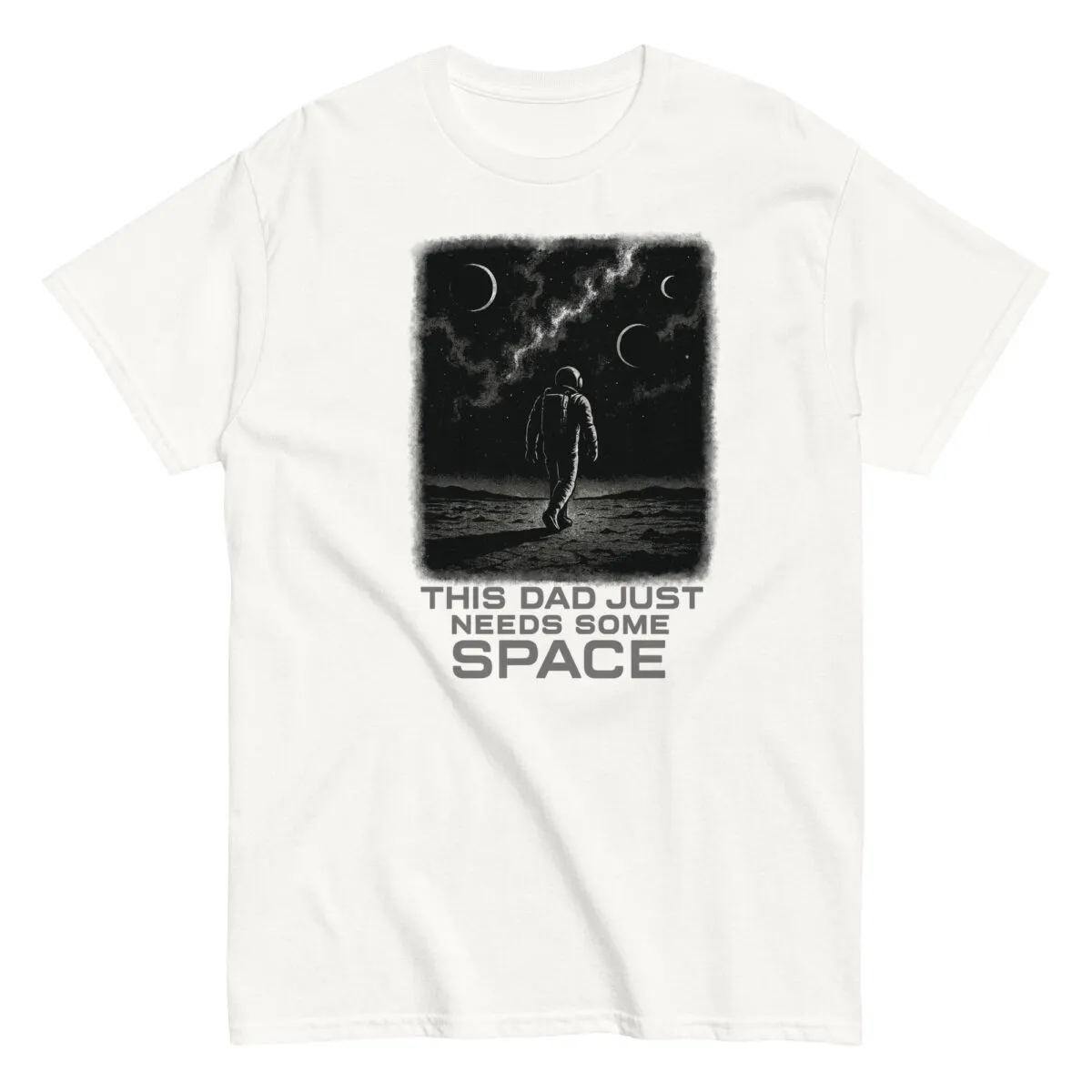 Astronaut t-shirt with 'needs space' text design.