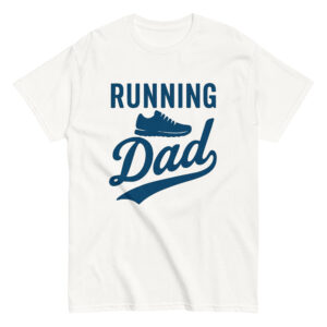 White t-shirt with 'Running Dad' graphic design.