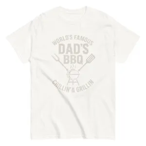 White T-shirt with 'Dad's BBQ' grill design