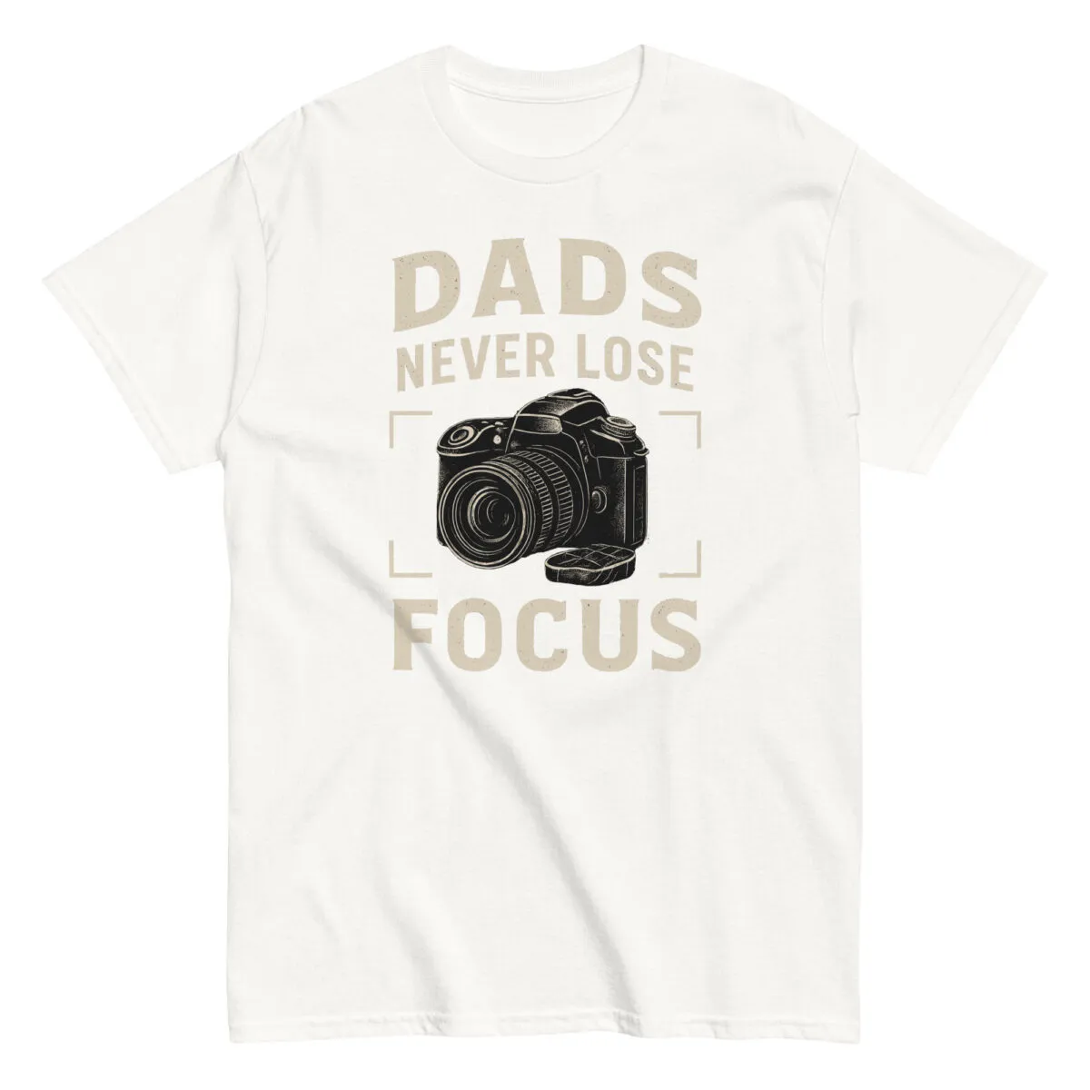 T-shirt with camera graphic and dad quote.