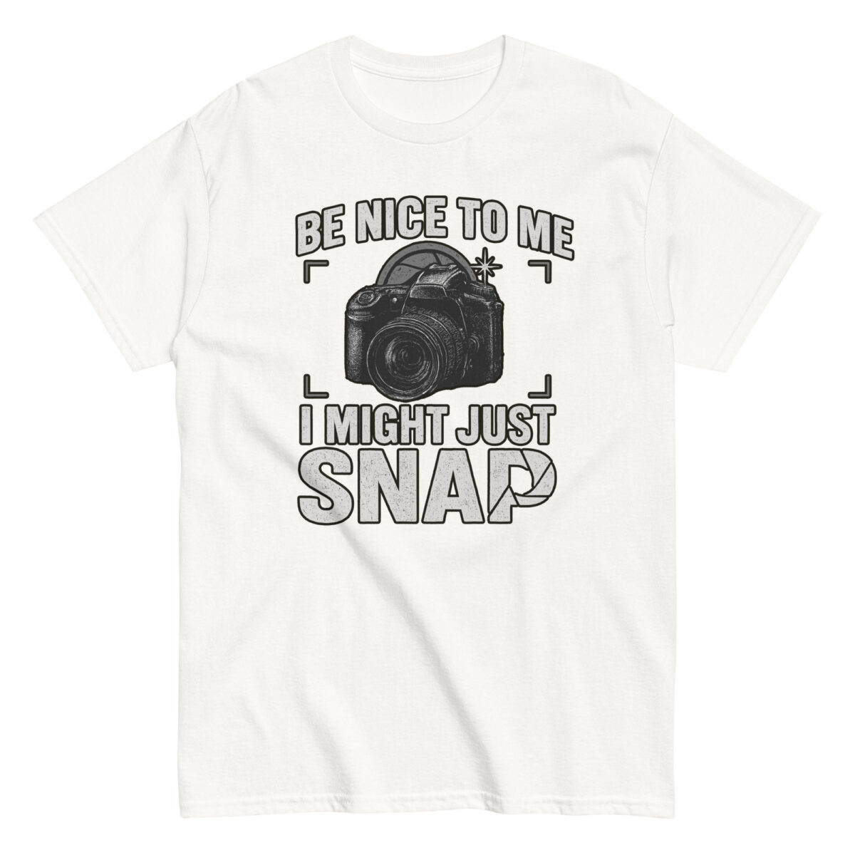 White t-shirt with camera and funny quote design.