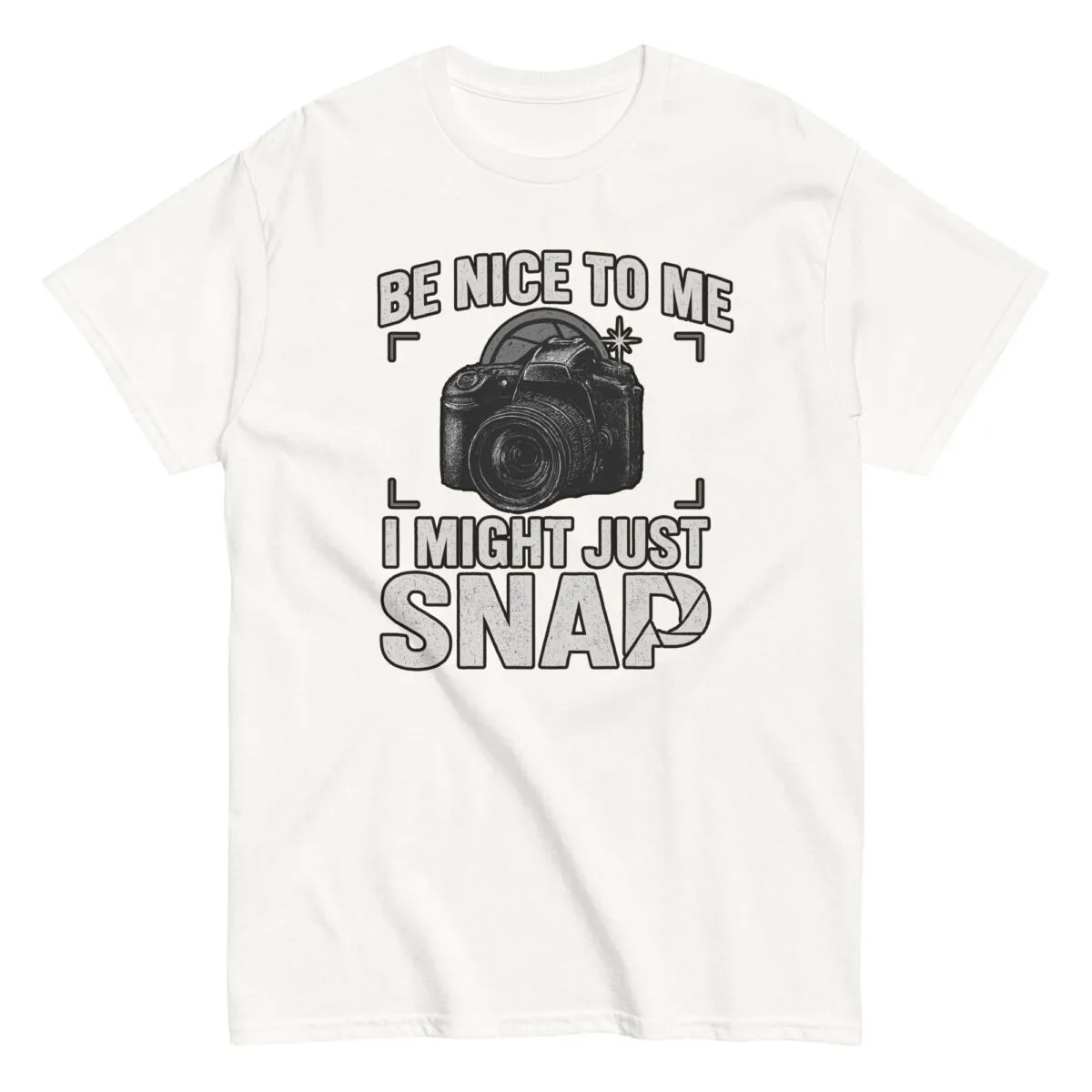 White t-shirt with camera and funny quote design.