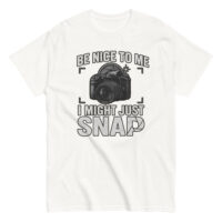 White t-shirt with camera and funny quote design.
