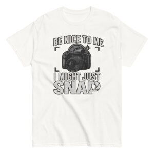 White t-shirt with camera and funny quote design.
