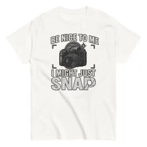 White t-shirt with camera and funny quote design.