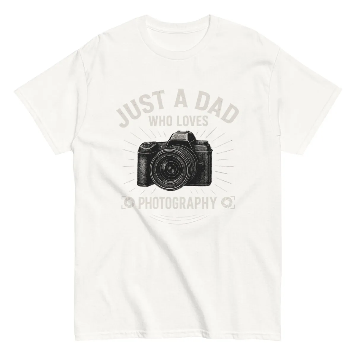 T-shirt with camera graphic and dad-themed text.