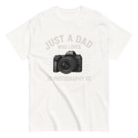 T-shirt with camera graphic and dad-themed text.