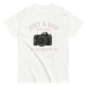 T-shirt with camera graphic and dad-themed text.