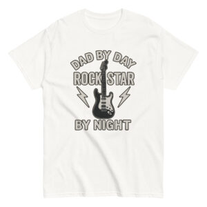 T-shirt with guitar, dad by day message.