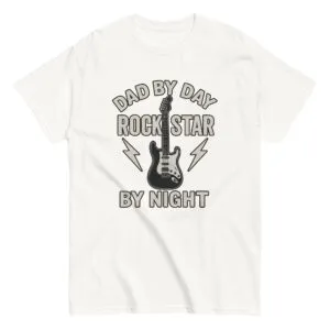 T-shirt with guitar, dad by day message.