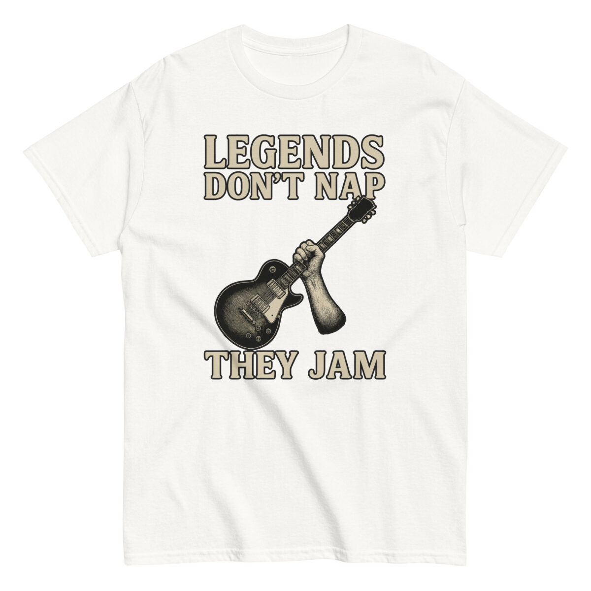 T-shirt with guitar graphic, text: Legends Don't Nap.