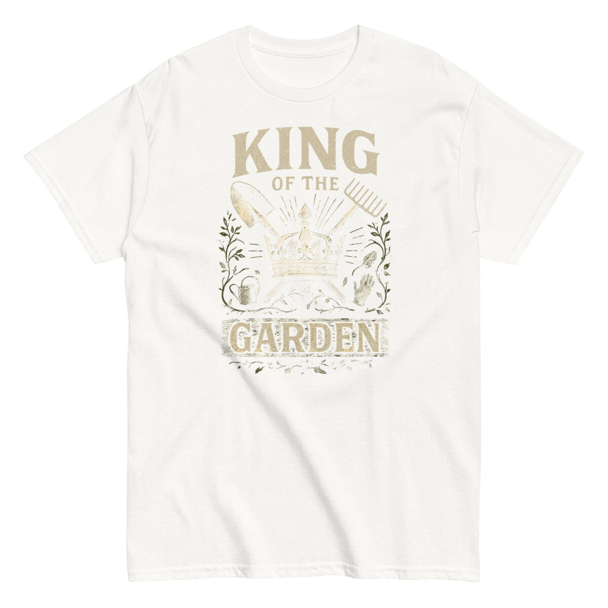 White t-shirt with 'King of the Garden' design.