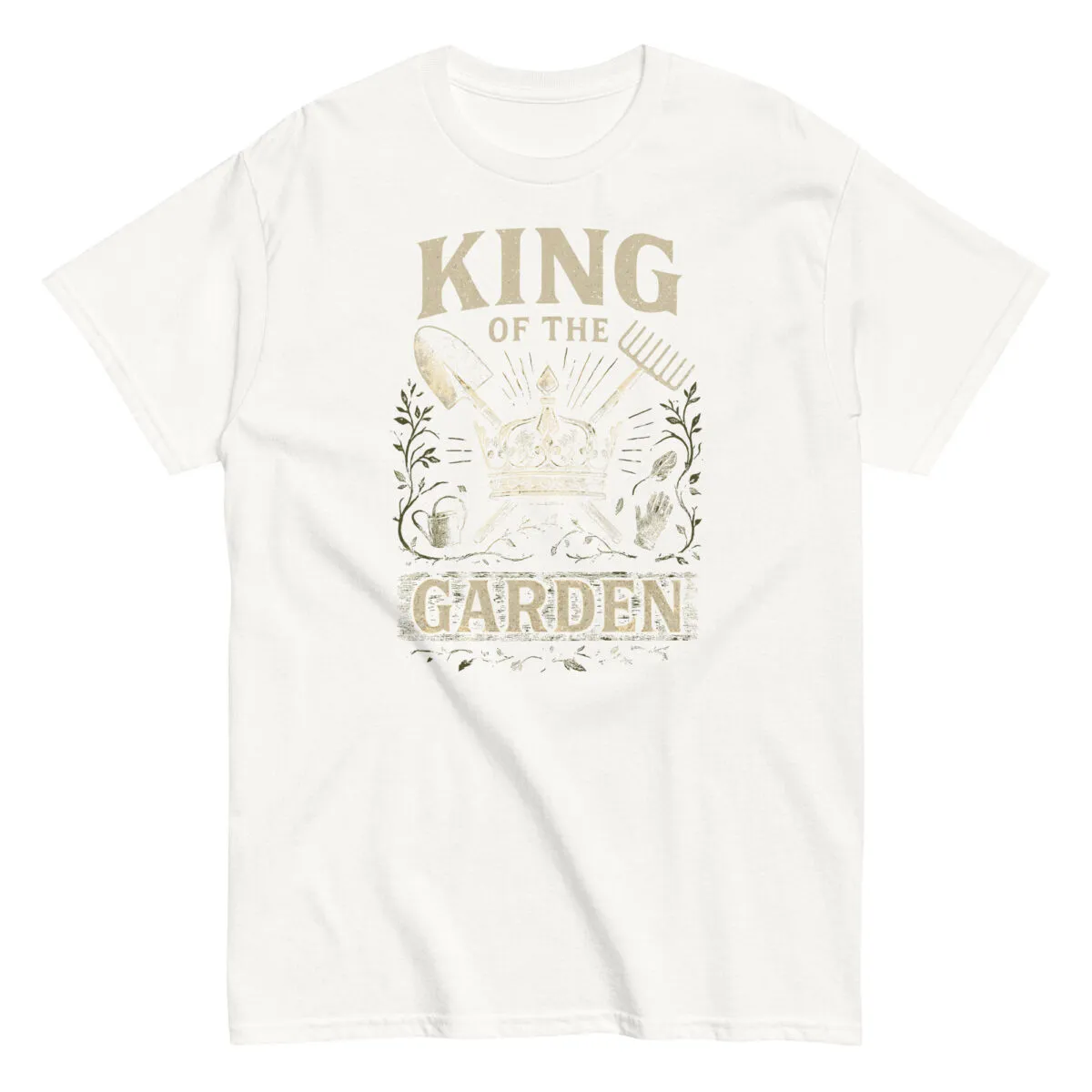 White t-shirt with 'King of the Garden' design.