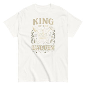 White t-shirt with 'King of the Garden' design.