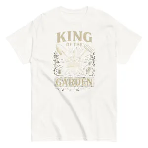White t-shirt with 'King of the Garden' design.