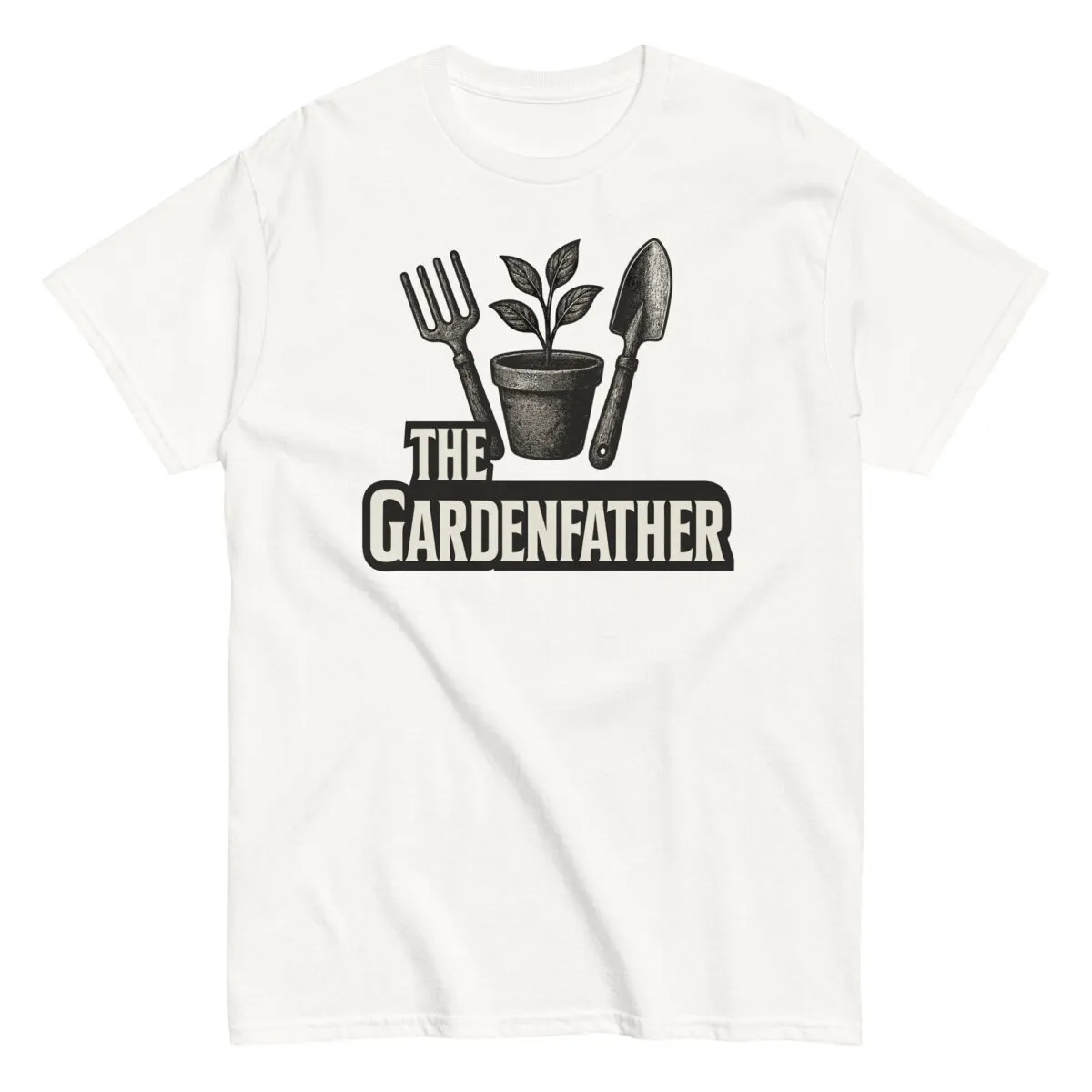 White t-shirt with 'The Gardenfather' design and tools.