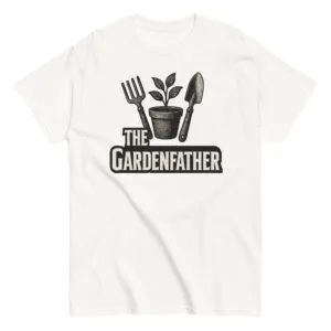 White t-shirt with 'The Gardenfather' design and tools.