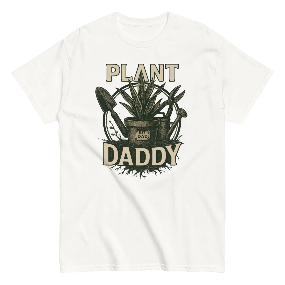 White t-shirt with 'Plant Daddy' design and plants.