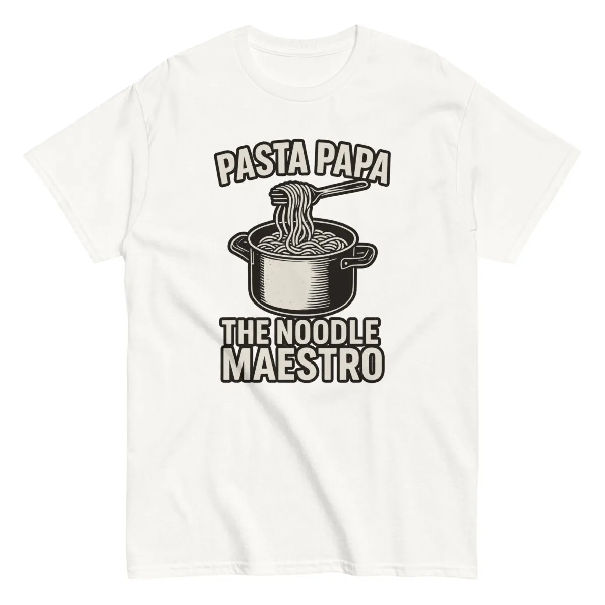 Pasta Papa t-shirt with noodle pot graphic.