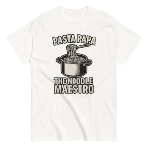 Pasta Papa t-shirt with noodle pot graphic.