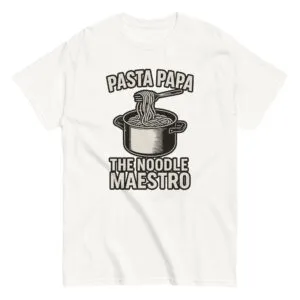 Pasta Papa t-shirt with noodle pot graphic.