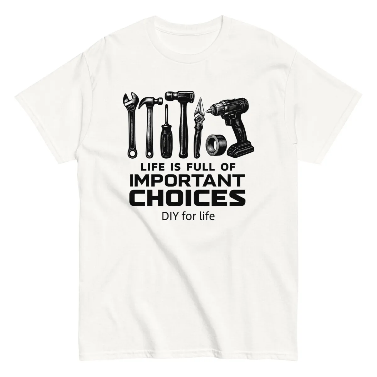 T-shirt with DIY tools graphic and text.
