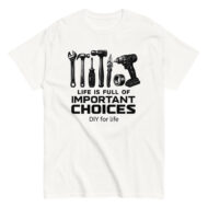 T-shirt with DIY tools graphic and text.