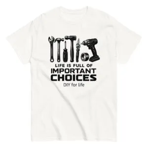 T-shirt with DIY tools graphic and text.
