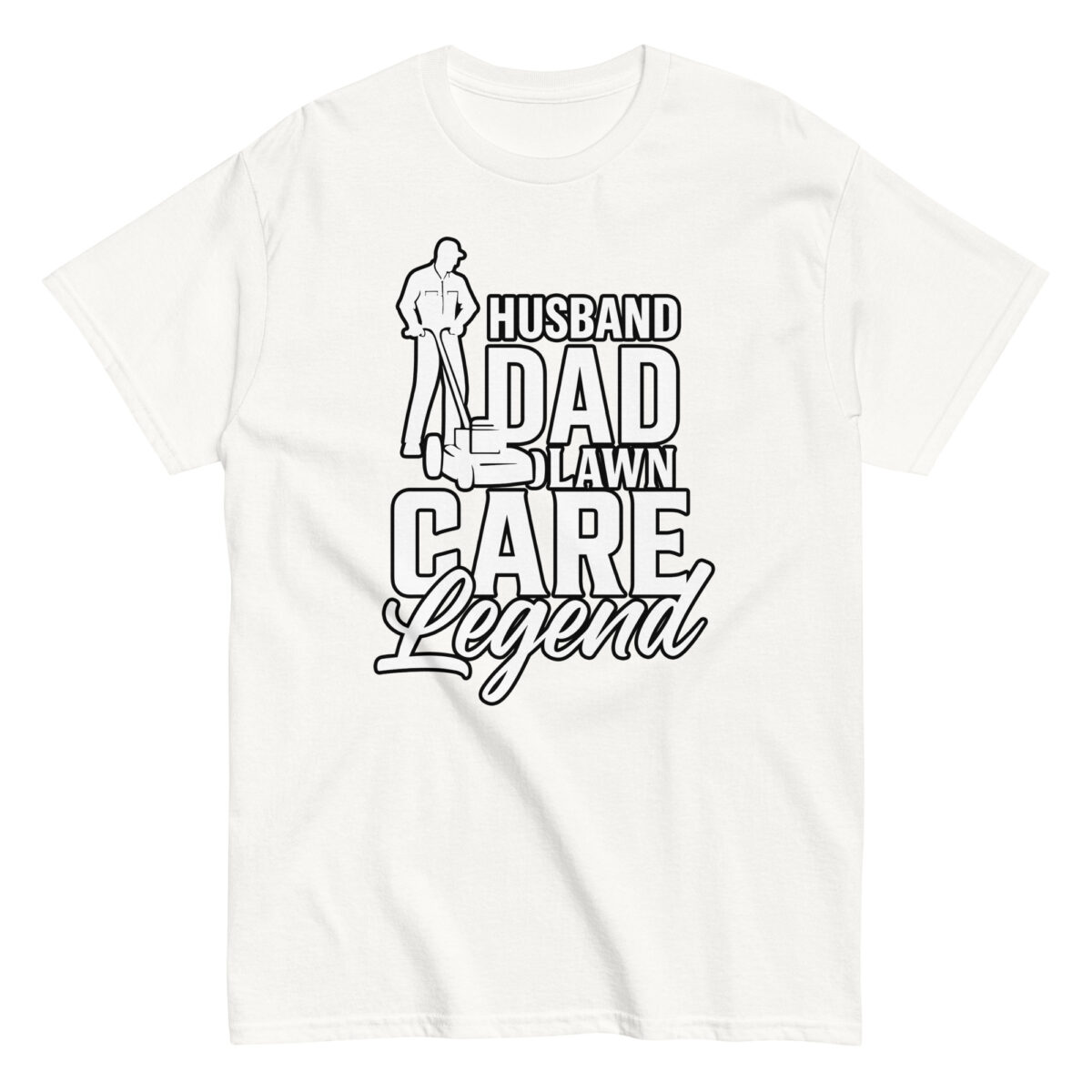 White shirt with lawn care dad design.