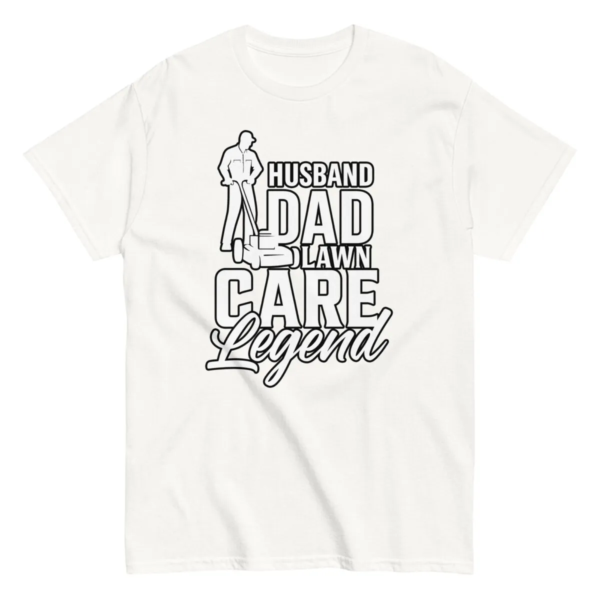 White shirt with lawn care dad design.