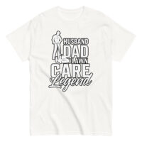 White shirt with lawn care dad design.