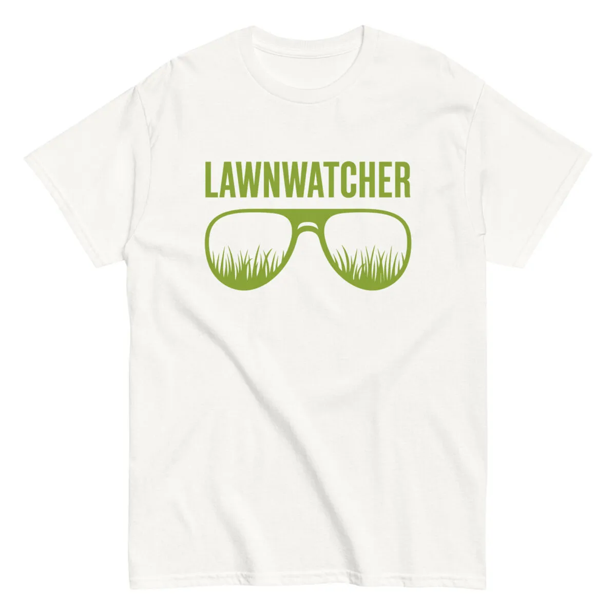 White T-shirt with 'LAWNWATCHER' and grass sunglasses design.