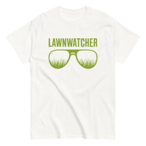 White T-shirt with 'LAWNWATCHER' and grass sunglasses design.