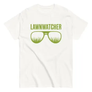 White T-shirt with 'LAWNWATCHER' and grass sunglasses design.