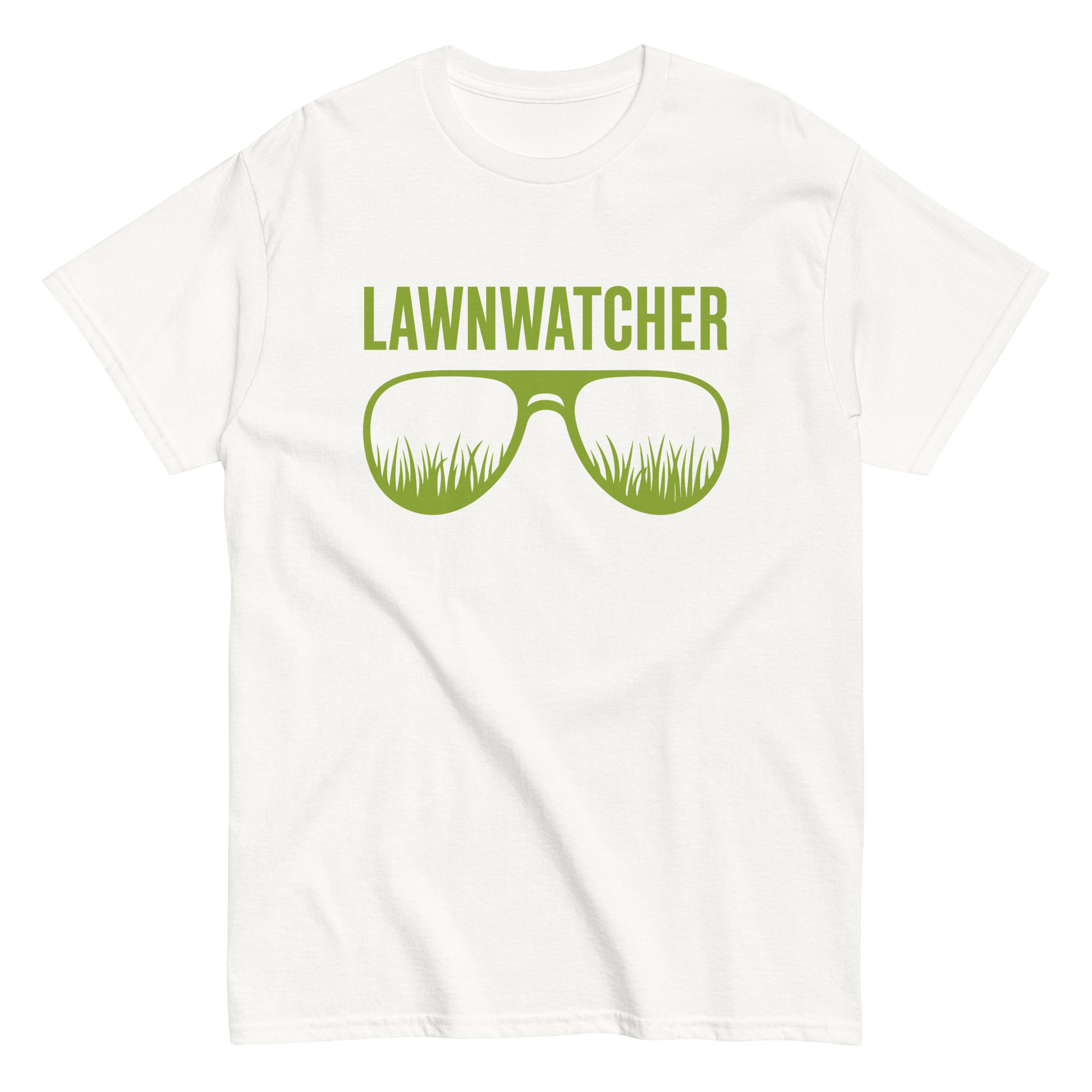 unisex-classic-tee-white-front-68d6c0c57212e.jpg White T-shirt with 'LAWNWATCHER' and grass sunglasses design.