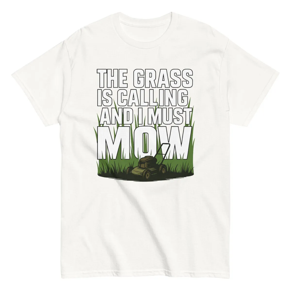 T-shirt with lawnmower and grass design.