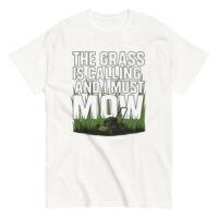 T-shirt with lawnmower and grass design.