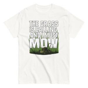T-shirt with lawnmower and grass design.