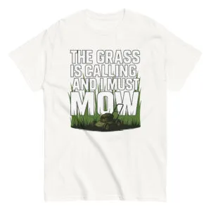T-shirt with lawnmower and grass design.