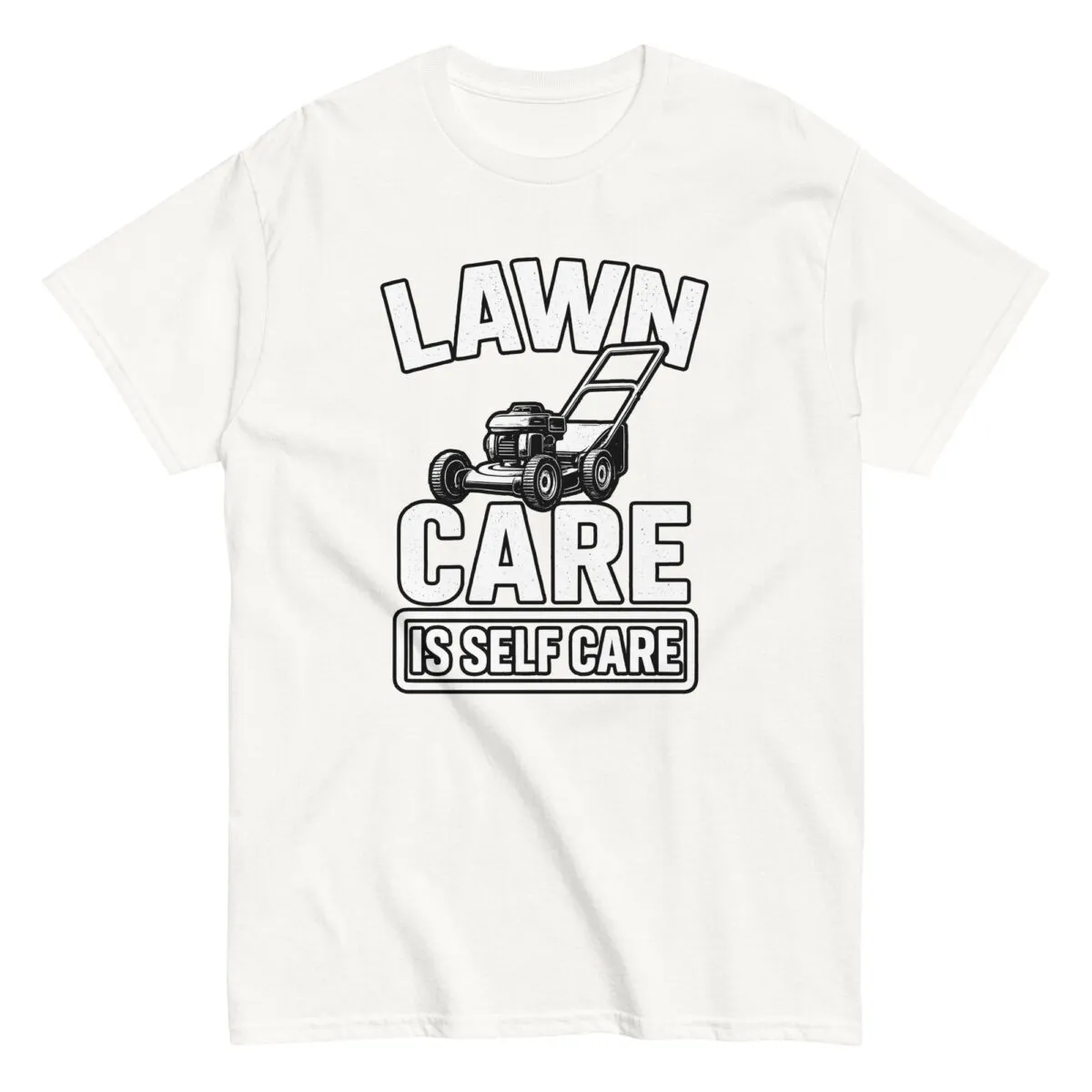 Lawn care t-shirt with mower illustration.