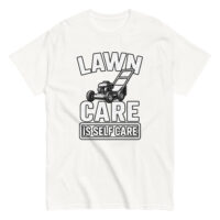 Lawn care t-shirt with mower illustration.