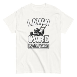 Lawn care t-shirt with mower illustration.