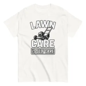 Lawn care t-shirt with mower illustration.