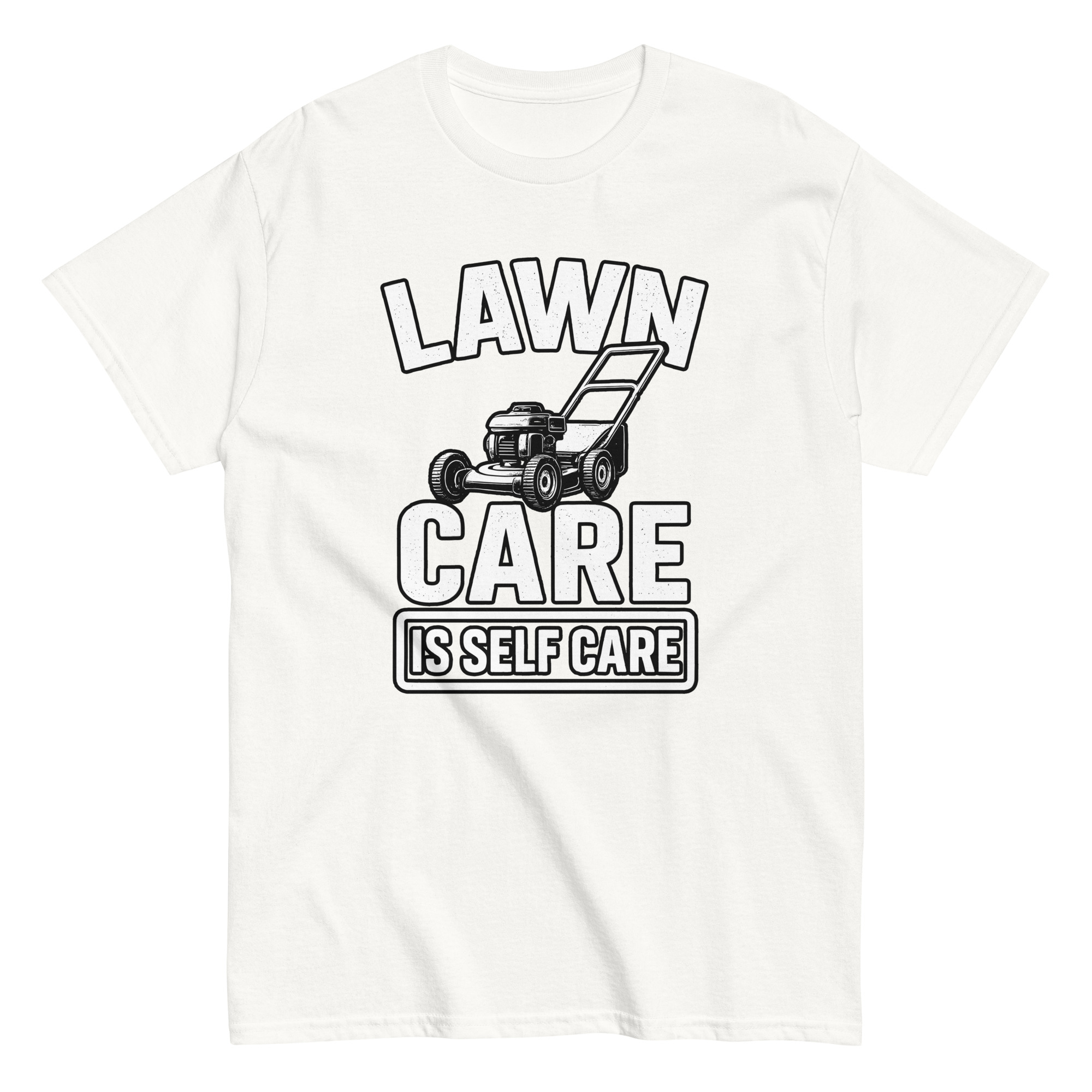 unisex-classic-tee-white-front-68d6cc0e05ba3.jpg Lawn care t-shirt with mower illustration.