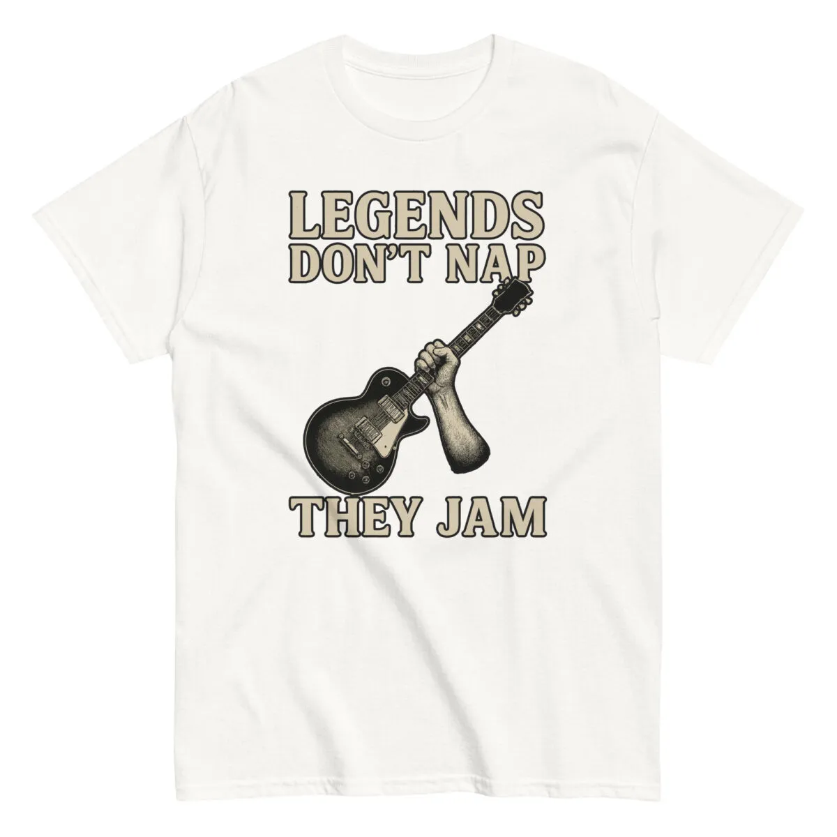 T-shirt with guitar and phrase 'Legends Don't Nap'