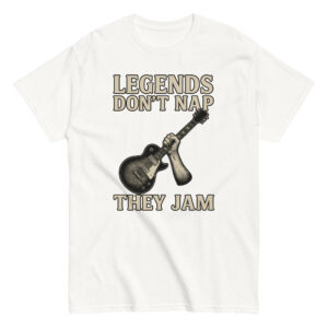 T-shirt with guitar and phrase 'Legends Don't Nap'