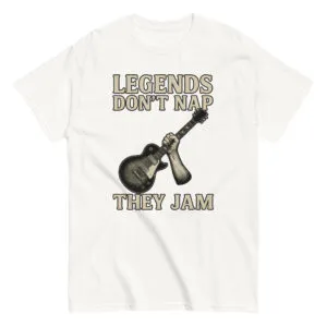 T-shirt with guitar and phrase 'Legends Don't Nap'