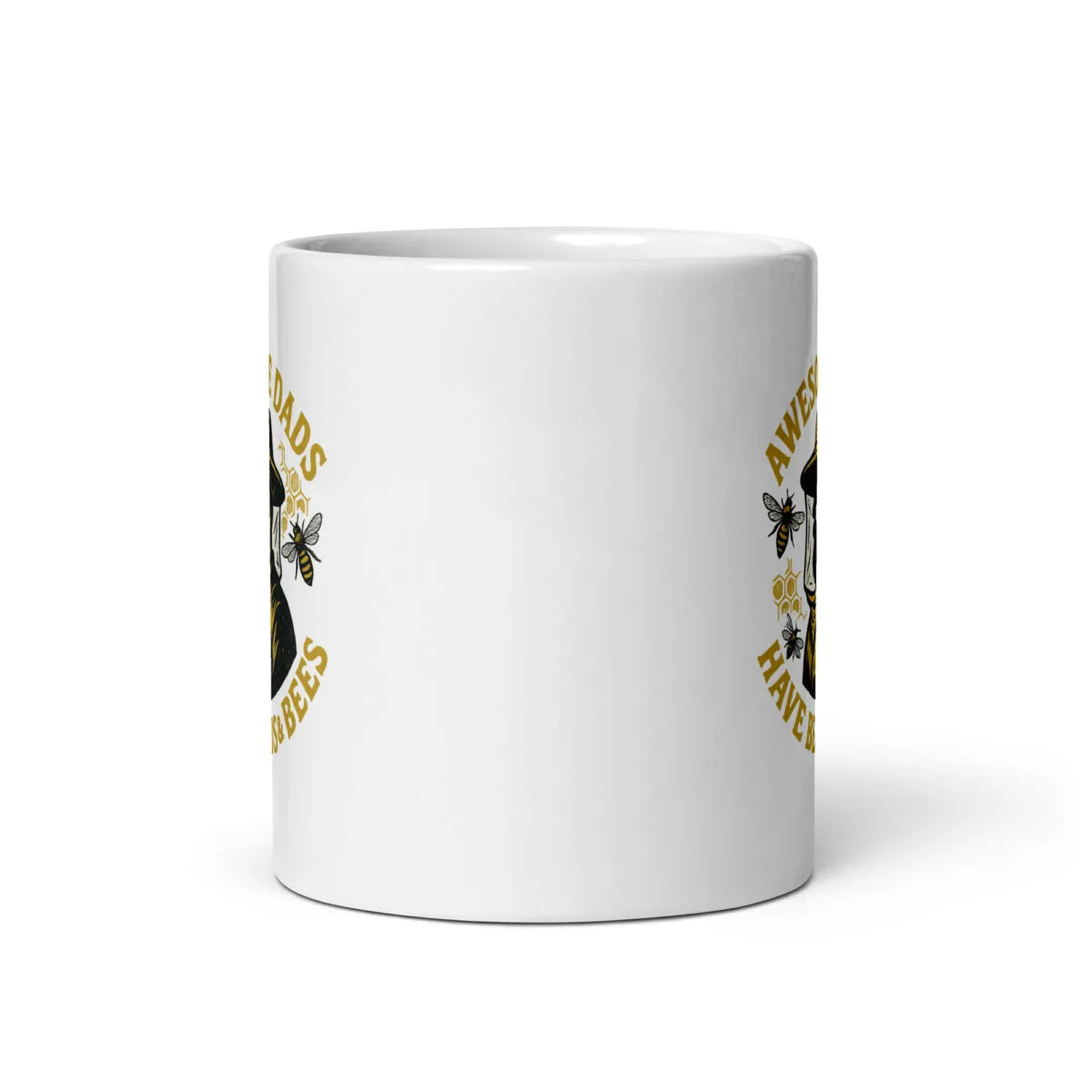 White mug with beekeeping design and text.