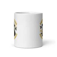 White mug with beekeeping design and text.